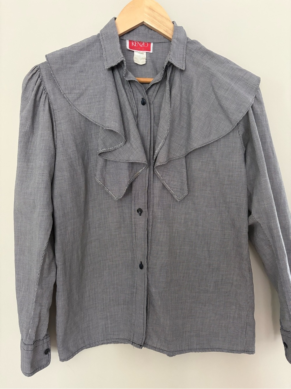 Kenzo Gray Button-Up Blouse with Large Ruffle Collar